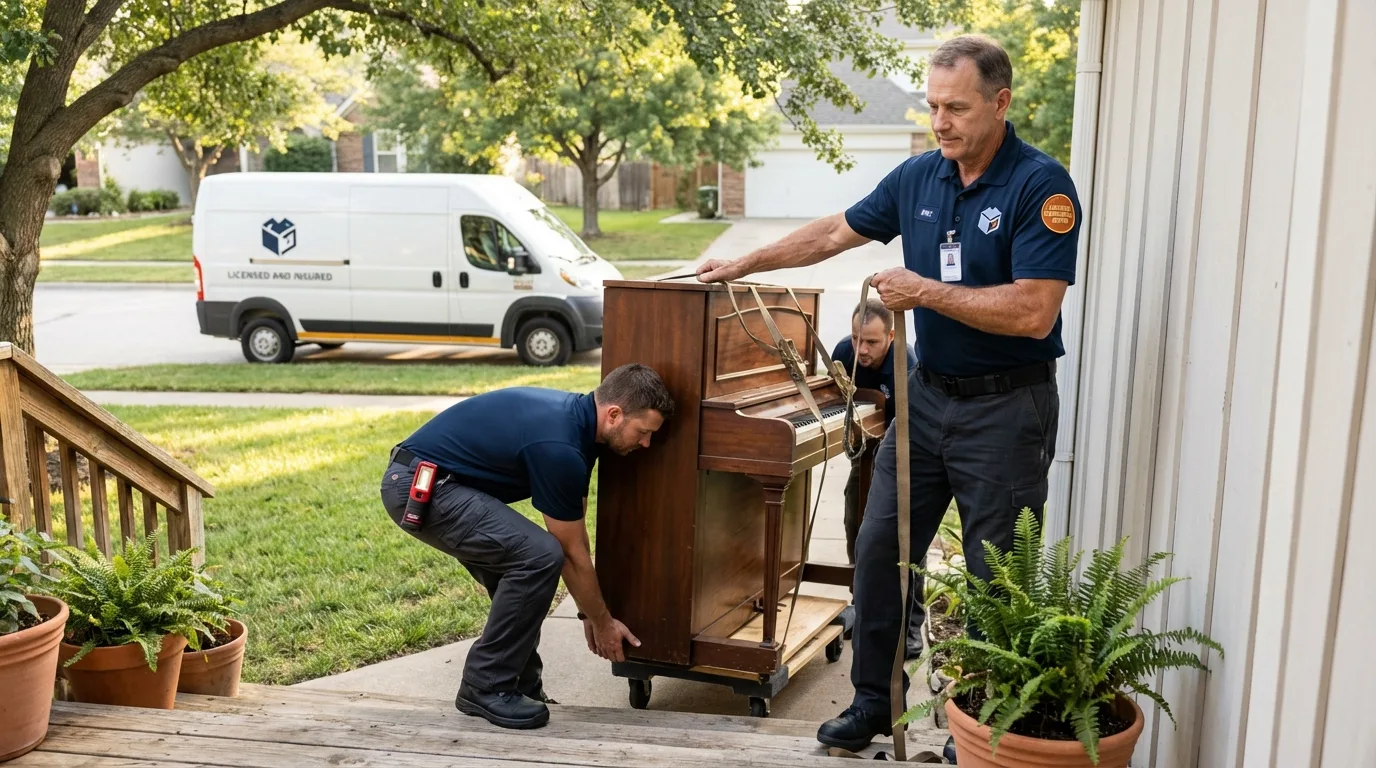 Licensed piano movers securing grand piano in Occidental, CA
