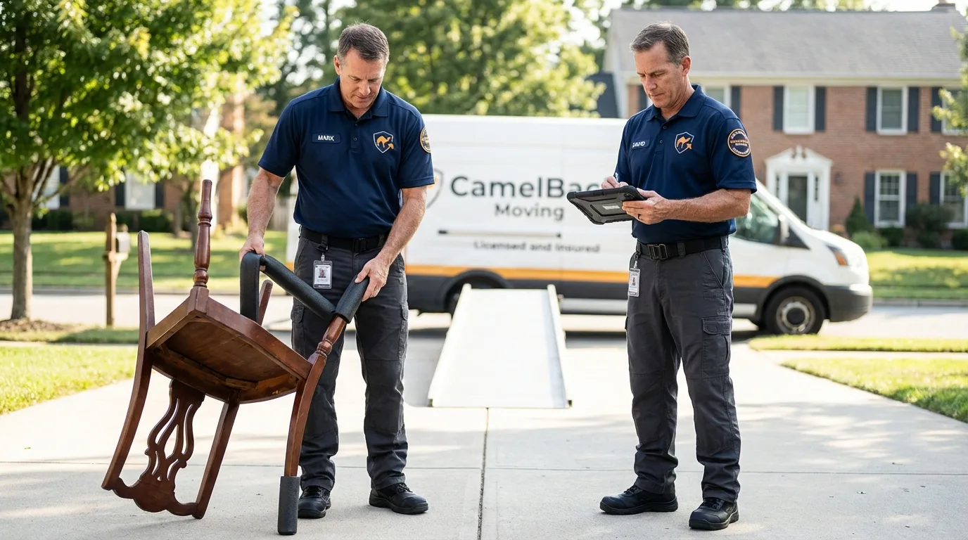 Movers inspecting furniture for damage prevention before loading in Occidental, CA