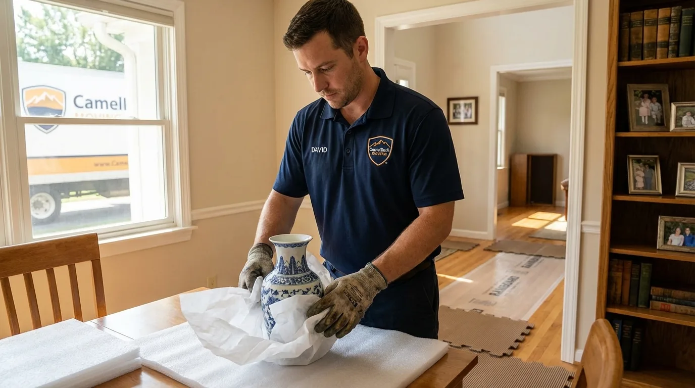 Professional crew carefully wrapping antique vase for senior downsizing move in Occidental, CA
